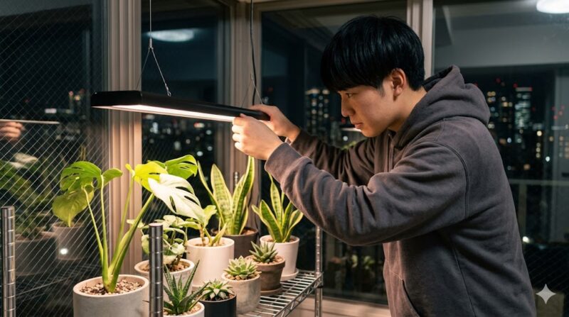 東京のアパートで、夜間に植物育成用LEDライトを調整する日本人男性。