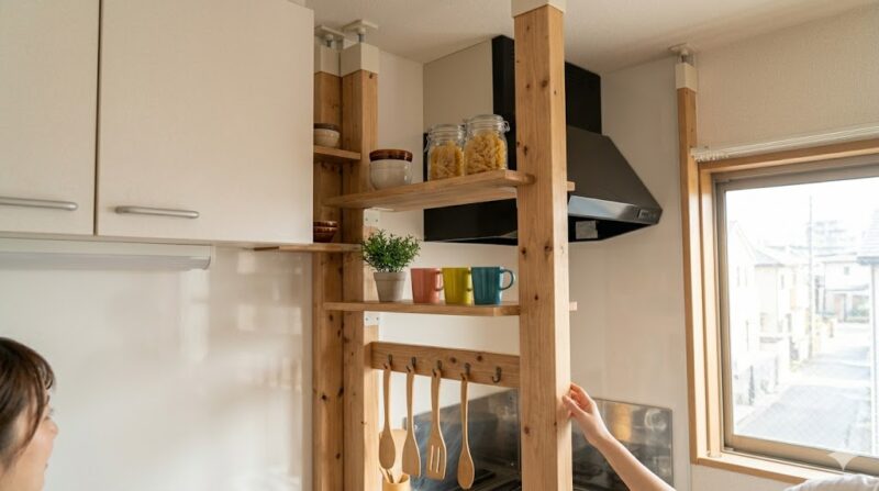 賃貸キッチンにLABRICO(ラブリコ)アジャスターと2×4木材を使ってDIYした、壁を傷つけない本格的な柱と棚板の収納システム。カフェのような雰囲気が漂う。