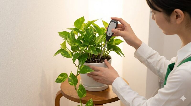 冬の玄関で観葉植物の土の乾燥具合を水分計で正確に測定する様子。