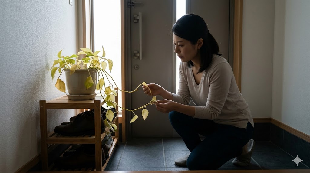 薄暗い日本住宅の玄関先で、葉が黄色く変色し茎が徒長したポトスの鉢植えを、心配そうに観察する日本人女性の様子。日照不足による植物の弱り具合が伝わる。