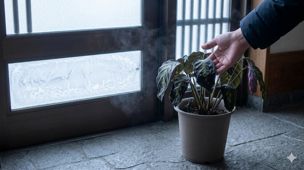 冬の寒い日本住宅の玄関先で、冷気により葉が黒く変色し、溶けたようになったカラテアの鉢植え。石畳の床と frost がついたドアが寒さを強調する。