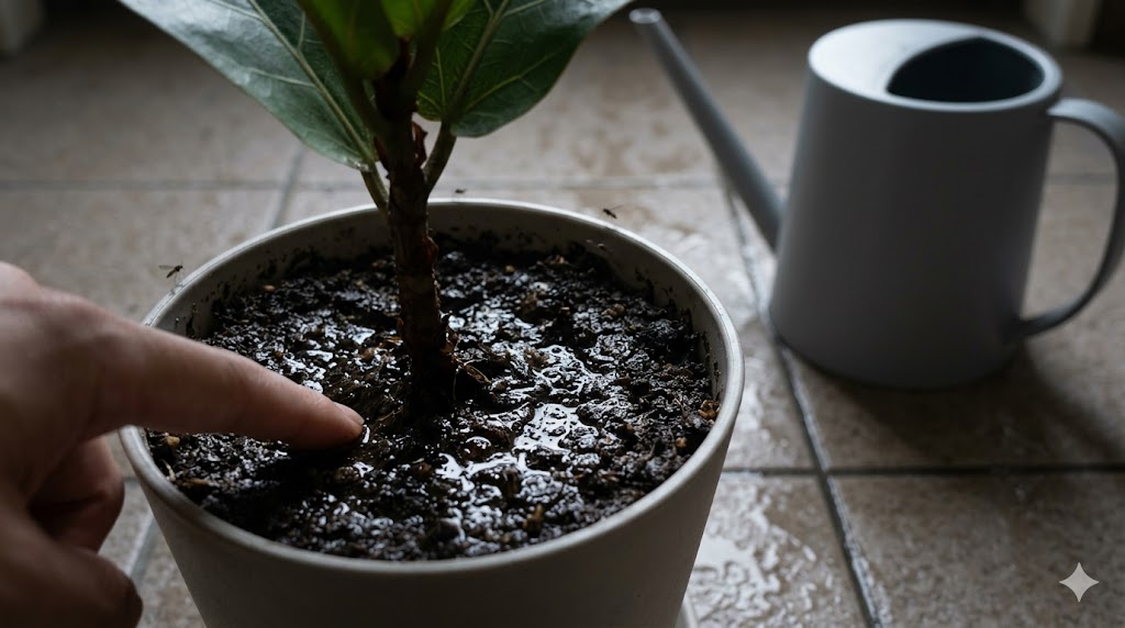 薄暗い日本の玄関先で、過湿状態になった観葉植物の土の表面。日本人男性の指が濡れた土に触れ、その周囲をコバエが舞っている。根腐れと害虫発生の原因が視覚化されている。