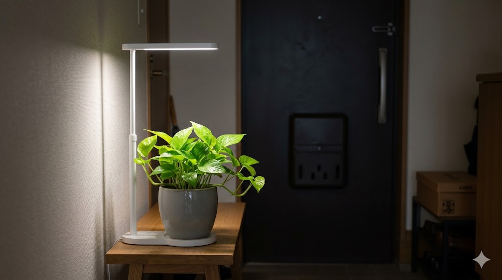 薄暗い日本のアパートの玄関で、白い植物育成用LEDライトに照らされる元気なポトスの鉢植え。ライトの光を浴びて葉がツヤツヤと輝いている。