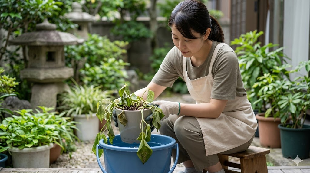 日本住宅の庭先で、水枯れして葉がしおれたポトスの鉢植えを、水の張った青いバケツに浸ける「腰水」を行う日本人女性。真剣な表情で植物の復活を試みている。