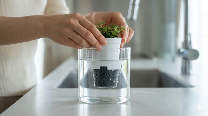 透明なガラス容器に入ったきれいな水に、アンドグリーン（＆Green）のパフカル植え観葉植物（ピレア・デプレッサ）を鉢ごと完全に沈める「水没処置」の様子。女性の手が優しく扱っている。虫対策としての物理的洗浄を示す。
