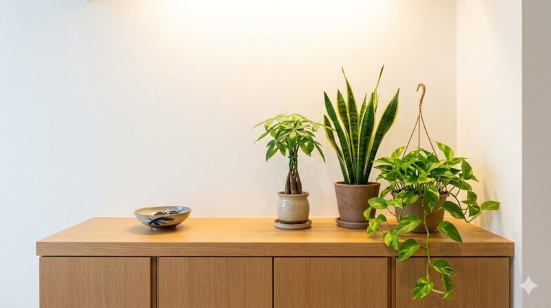日陰の玄関におすすめの観葉植物（パキラ、サンスベリア、ポトス）のスタイリング例。