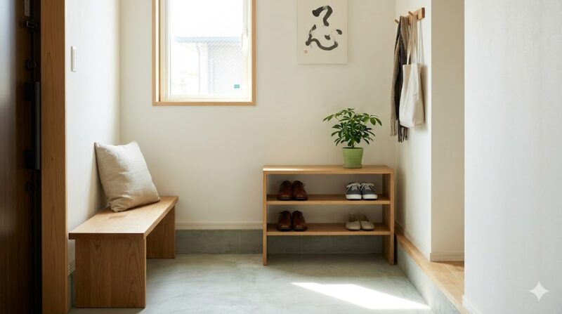 靴が揃えられ、出しっぱなしのものがなくスッキリとした、清潔感のある日本の住宅の玄関。