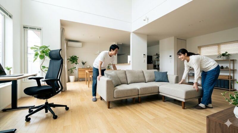 明るい日本のリビングルームで、CLASなどの家具サブスクリプションサービスを利用して届いた、オカムラ製の高機能オフィスチェアやデザイン性の高いソファを配置し、笑顔で楽しむ日本人カップル。所有から利用への変化を象徴している。