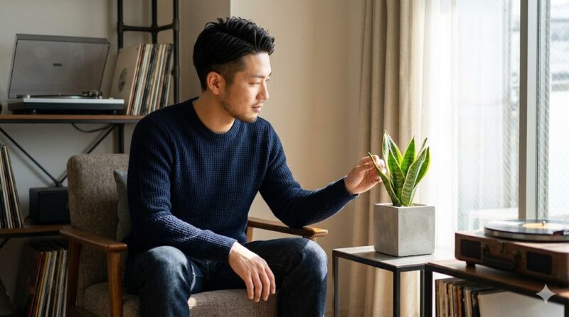 東京の一人暮らしの男性の部屋で、サンスベリアに触れるアジア人男性。