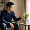 東京の一人暮らしの男性の部屋で、サンスベリアに触れるアジア人男性。