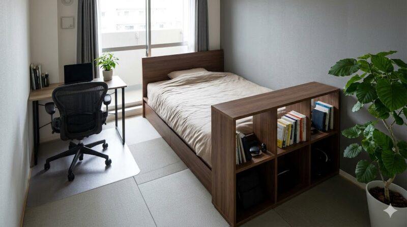 日本人の男性が住む6畳のワンルーム部屋。ベッドを壁付けにして動線を確保し、背の低い本棚を使って就寝スペースとワークスペースを効果的にゾーニングしている。