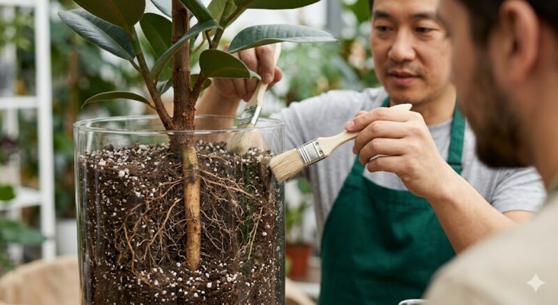 観葉植物の太い主軸となる直根が、鉢の中で垂直に伸びて株を支えている様子。直根の重要性を視覚化。