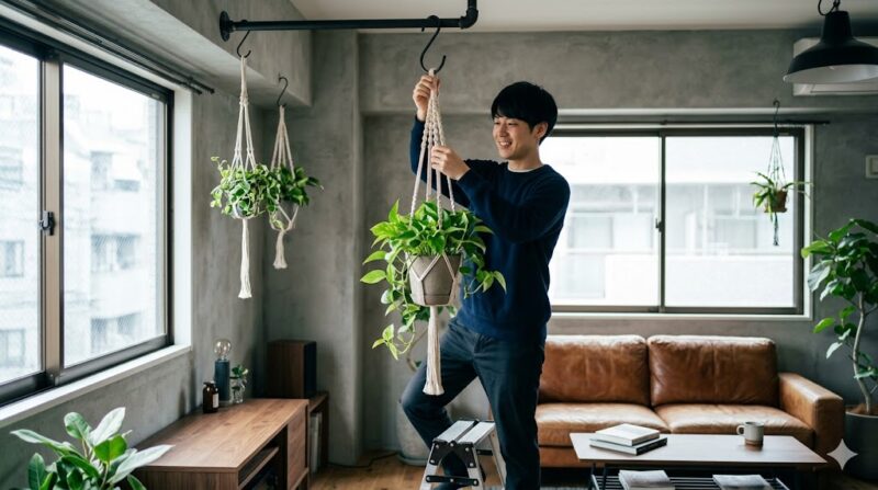 東京のアパートの自室で、ポトスのハンギングプランターを天井から吊るす日本人男性。