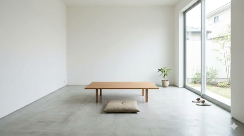 わずかな厳選された家具だけが置かれた、極めてシンプルで清潔なミニマリストの広々とした部屋。