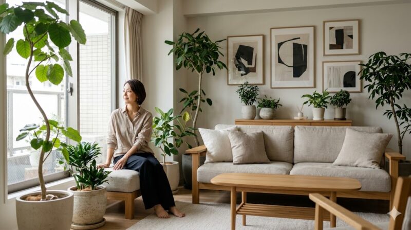 明るく、こだわり抜かれた居心地の良いリビングルームで、窓の外を眺めながら穏やかに微笑む日本人女性。自分の精神的なバランスを保ち、空間をコントロールしている「心理的調整の達人」としての姿。