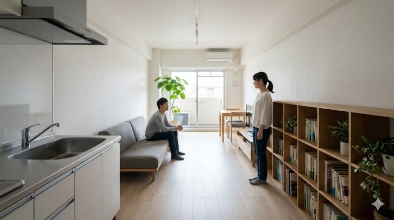 日本の縦長1LDKアパートのレイアウト。キッチンから窓へと抜ける視線を遮らないよう、背の低い家具が壁際に配置され、奥行きを強調している。