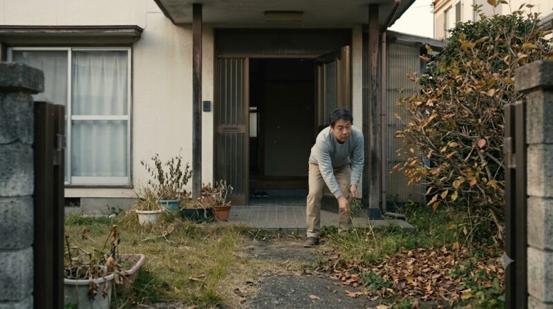 夕暮れ時、雑草が伸び、枯れた鉢植えが放置された荒れた日本家屋の玄関。住人の精神的な疲労やネガティブな気の停滞を象徴している。