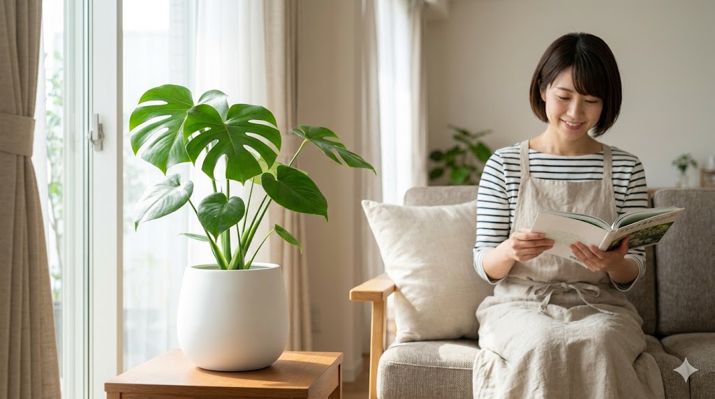 明るく清潔な日本人のリビングで、モンステラ、サンスベリア、ピレアなどの観葉植物が白い鉢に植えられ、木製のテーブルやスタンドに置かれている。背景で女性がソファーでガーデニング本を読みながら微笑む、虫がいない快適なグリーン空間。