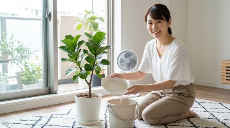明るい日本人のリビングで、女性の手がフィカス・リラータの植木鉢の下にある受け皿から、溜まったお水をこまめに捨てている。背景には開いた窓とサーキュレーターが見え、清潔で風通しの良い環境。