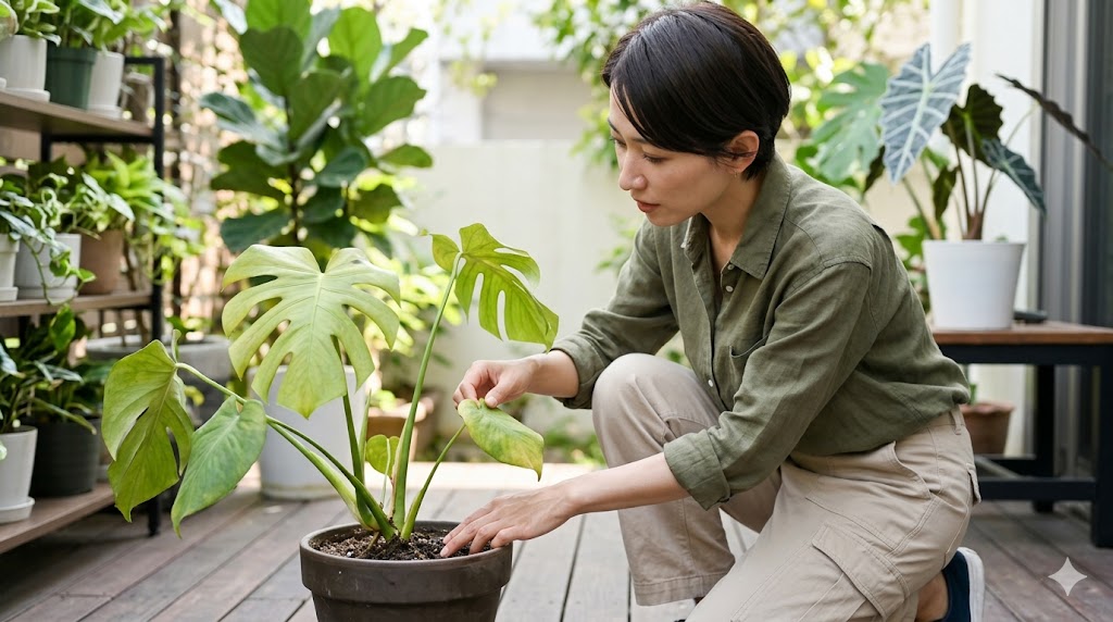 観葉植物（モンステラ）の葉や土の状態を真剣な表情で観察し、根腐れの兆候をチェックする日本人女性。
