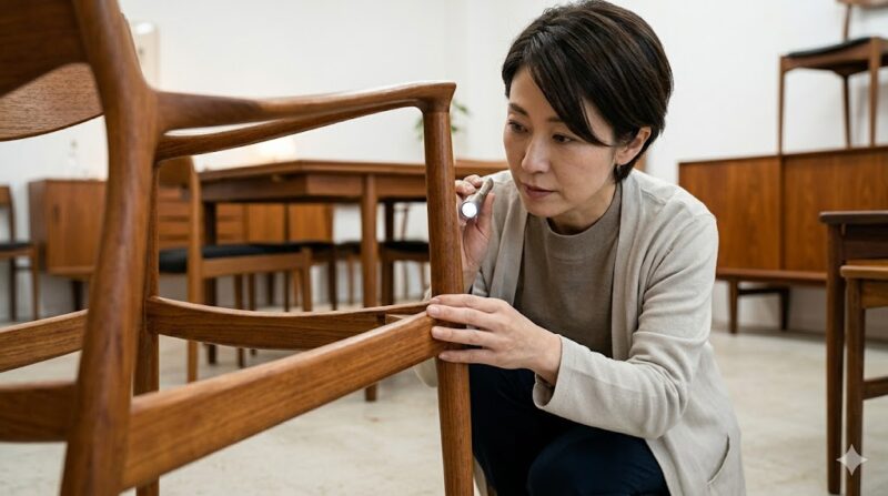 北欧ヴィンテージ家具の購入前チェック。実店舗で、日本人の購入者がティーチェアの接合部の強度やグラつきを専門的な視点で細かく確認し、品質を見極めている。