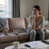 散らかったリビングのソファで、少し疲れた表情で考え事をする日本人女性。心の余裕のなさが部屋に表れている。