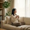 居心地の良いサンクチュアリのようなリビングでリラックスする日本人女性。自然光、植物、質感のあるインテリアが安心感と精神的な満足感（セルフケア）を表現している。