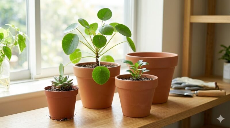明るい木製の園芸台に並べられた、3号から9号までの異なるサイズの植木鉢と、最も小さな鉢で根詰まりを起こし始めている多肉植物の様子。