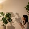 夜の静かなリビングで、間接照明の柔らかい光が Monstera と Ficus lyrata の大きな影を壁に投影し、アジア人女性がそれを眺めてリラックスしている様子。