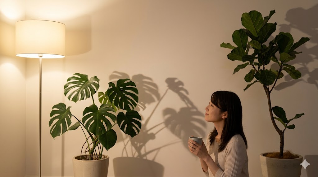夜の静かなリビングで、間接照明の柔らかい光が Monstera と Ficus lyrata の大きな影を壁に投影し、アジア人女性がそれを眺めてリラックスしている様子。