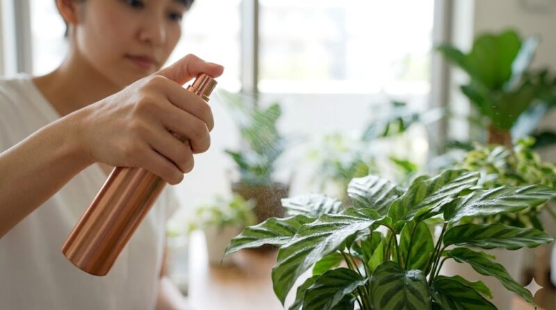 明るい日本のマンションのリビングで、女性の手がカラテアの葉の表裏に霧吹きで葉水を与えている。使用している銅色の霧吹きから微細な水滴が付き、ハダニを防ぐ清潔な日常の手入れが行われている。