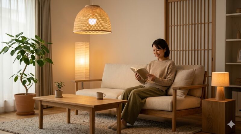 Japandiスタイルのリビングルームで、和紙や竹製の照明の暖かく柔らかな光に包まれながら、リラックスして本を読んでいる日本人の女性。