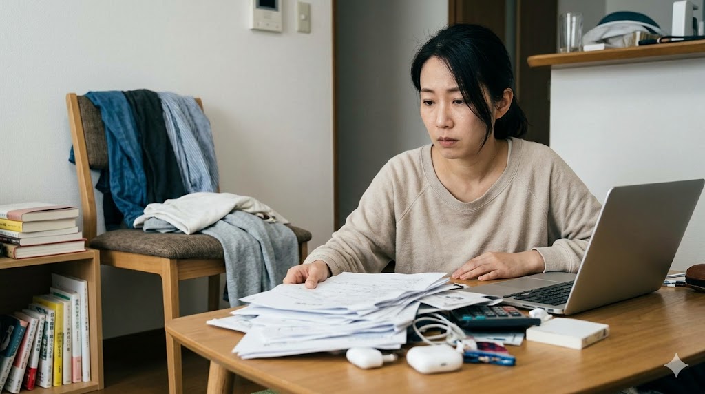 散らかった部屋のテーブルで、山積みの書類や物に囲まれ、疲れた表情で考え込む日本人女性。部屋の状態が心の余裕のなさを表している様子。
