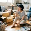 散らかった一人暮らしの部屋で、どこから片付けを始めるか悩みながら佇む日本人女性。E-E-A-T向上のためのアイキャッチ画像。