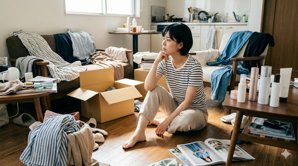 散らかった一人暮らしの部屋で、どこから片付けを始めるか悩みながら佇む日本人女性。E-E-A-T向上のためのアイキャッチ画像。
