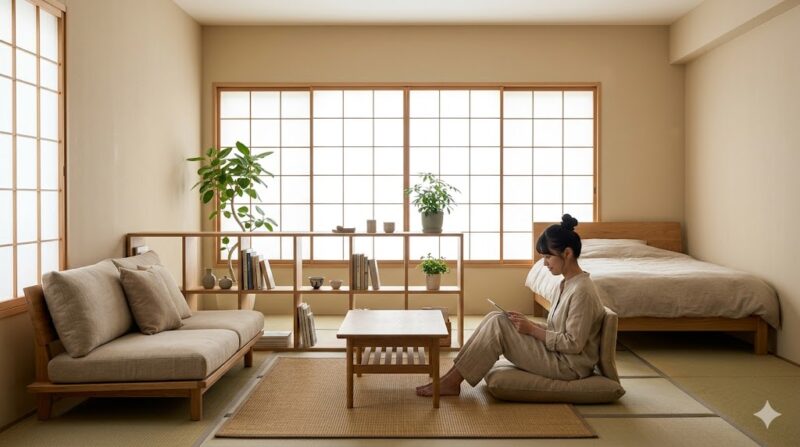 オープンシェルフを使ってリビングと寝室をゆるやかに仕切った10畳の和室。広々とした開放感を維持しつつ、ゾーニングを活用した快適なレイアウト。