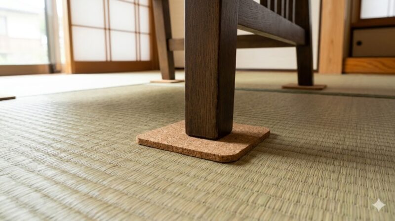 畳の凹みを防ぐため、重い木製家具の脚の下にコルクマットを敷いている様子。通気性を保ちながら畳を保護する実践的な方法。