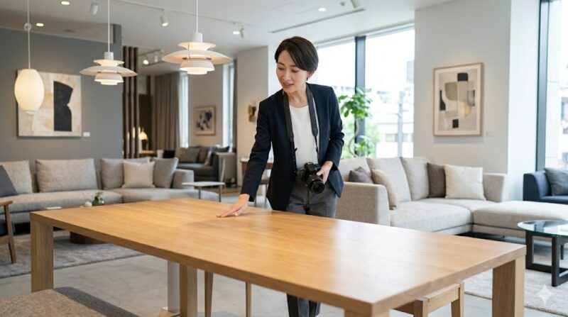 最新のインテリアデザインを体感するために、洗練されたショールームで家具の質感を確認し、知識をインプットするアジア人の女性コーディネーター。