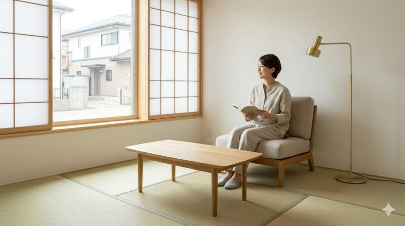 明るく洗練された賃貸和室でリラックスする日本人女性。ジャパンディスタイルの家具と畳が調和し、快適な暮らしを表現。