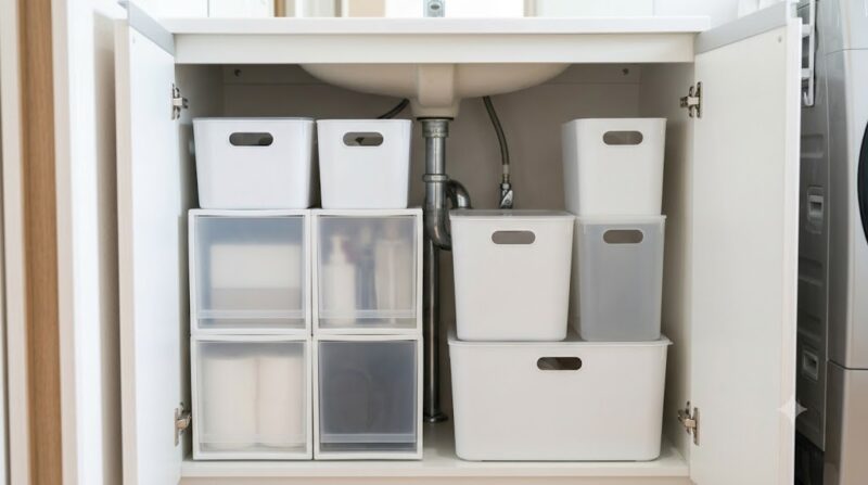 日本の住宅の狭い洗面台下収納。排水管を避けながら、規格化された白いプラスチックケースをパズルのように組み合わせて隙間なく収納している。
