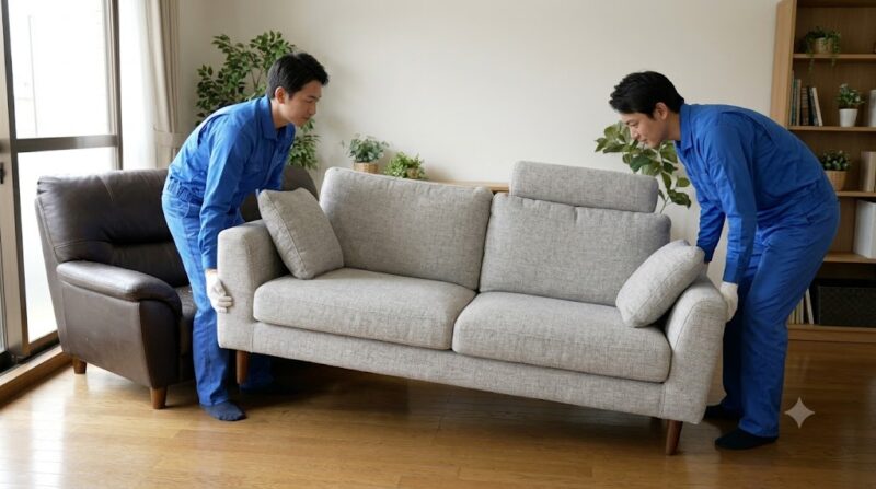 配送員（青い制服、日本人男性）が、新しいソファを搬入するのと同時に、古いボロボロの合皮ソファを引き取ってトラックへ運んでいく様子。家具引取サービスの利用シーン。