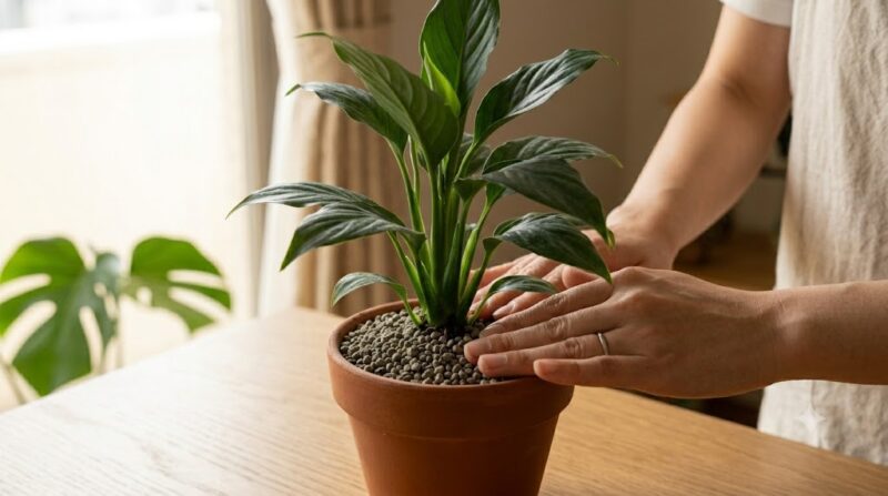 日本の女性の手が、観葉植物の鉢植えの土の表面に無機質な赤玉土を敷き詰めている様子。土の表面を完全に覆い、物理的なバリアを作っている。清潔感のある、明るい室内での作業風景。