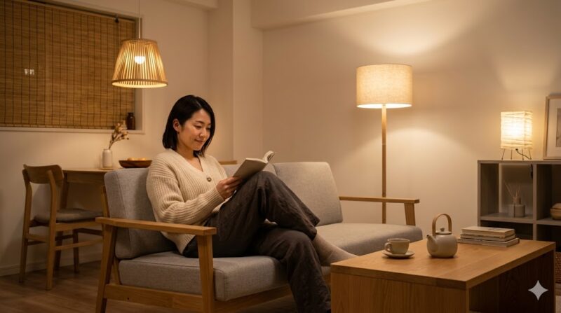 ジャパンディスタイルの和紙照明（IKEAのペンダントライト）が、自然素材の家具と調和し、リラックスしたアジア人女性を優しく照らす洗練された癒やし空間の様子。