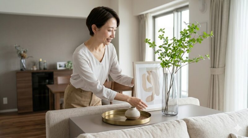 リビングのサイドテーブルに、背の高い花瓶、中くらいのオブジェ、低いトレイを三角構図で配置し、洗練されたフォーカルポイントを創出するアジア人の女性コーディネーター。