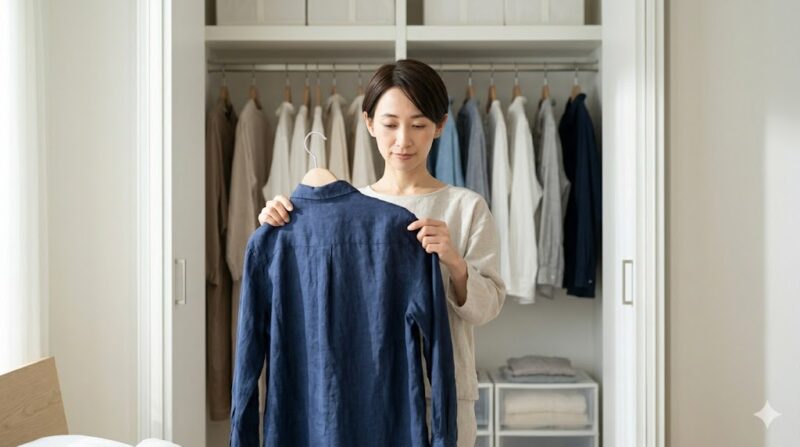 クローゼットの前で、数少ない上質な服の中から今日の1枚を静かに選ぶ日本人女性。トレンドに左右されず、自分軸で物を選ぶ自信と、無駄のない洗練されたライフスタイルを表している。