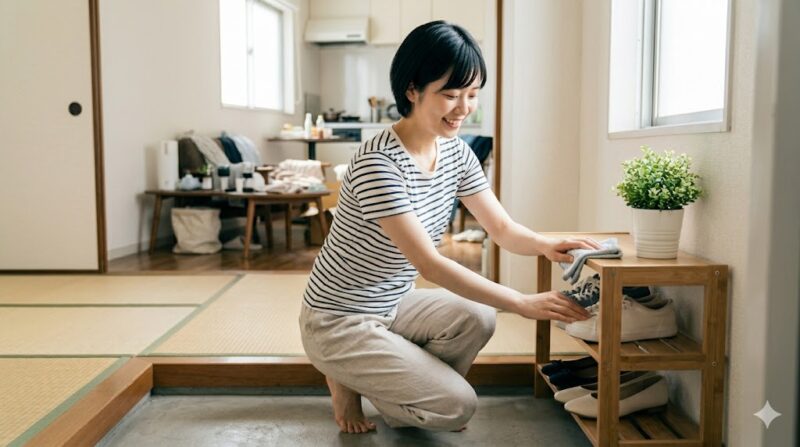 綺麗に片付いた玄関で靴を整え、達成感のある笑顔を見せる日本人女性。初心者におすすめの片付け場所の例。