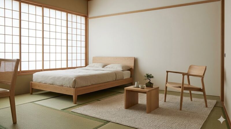 和のミニマリズムと北欧の温かみが融合した「ジャパンディ」スタイルの和室インテリア。アースカラーと自然素材で統一された洗練された空間。