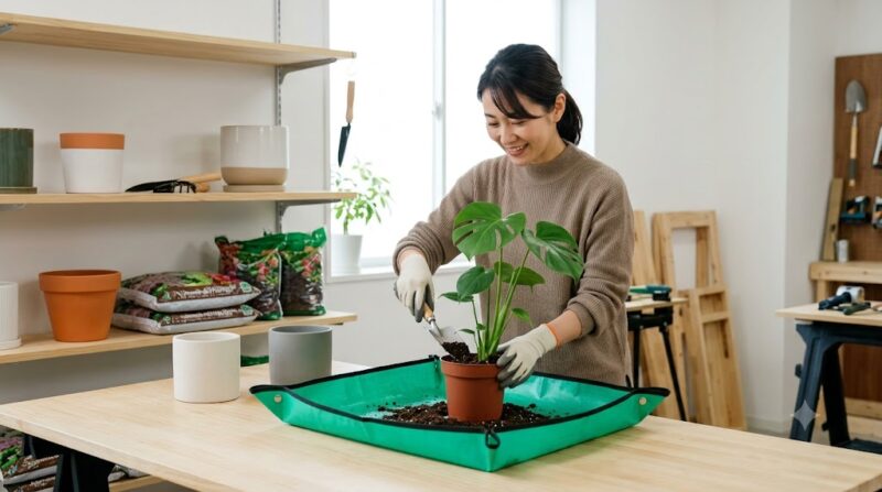 日本のホームセンターの DIY 工房スペースで、日本人女性(30代)が笑顔で観葉植物(Monstera)の植え替えを行っている。作業台の上には、新しい土袋、植木鉢、園芸道具が並び、清潔な環境で作業が進められている。