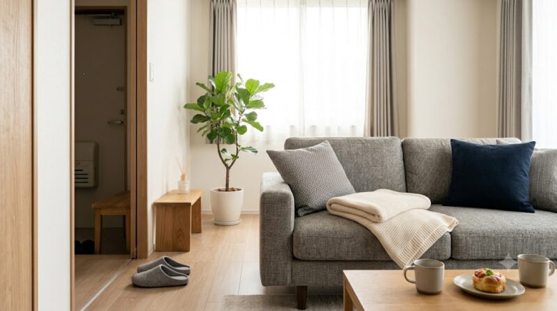 女性ウケが良い北欧ナチュラルモダンな雰囲気の一人暮らしの男部屋。清潔なスリッパや、ソファにブランケットが用意され、おもてなしの心(ホスピタリティ)が感じられる様子。