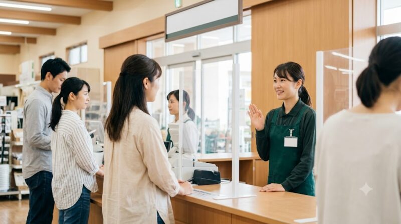日本のホームセンターのサービスカウンターで、スタッフ(日本人女性、緑の制服)が顧客(日本人女性)に対し、観葉植物の持ち込み植え替えサービスを提供していないことを説明している。店内は清潔で混雑している。